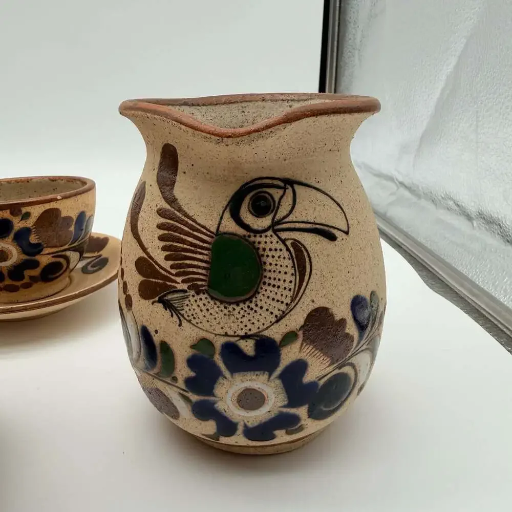 Tonala Pottery Tea Set Hand-Painted Bird Floral Mexican Folk Art